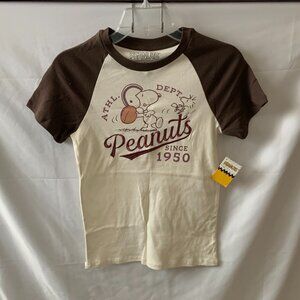 PEANUTS Snoopy & Woodstock Football Short Sleeve Tee in Brown/Ivory Sz LARGE